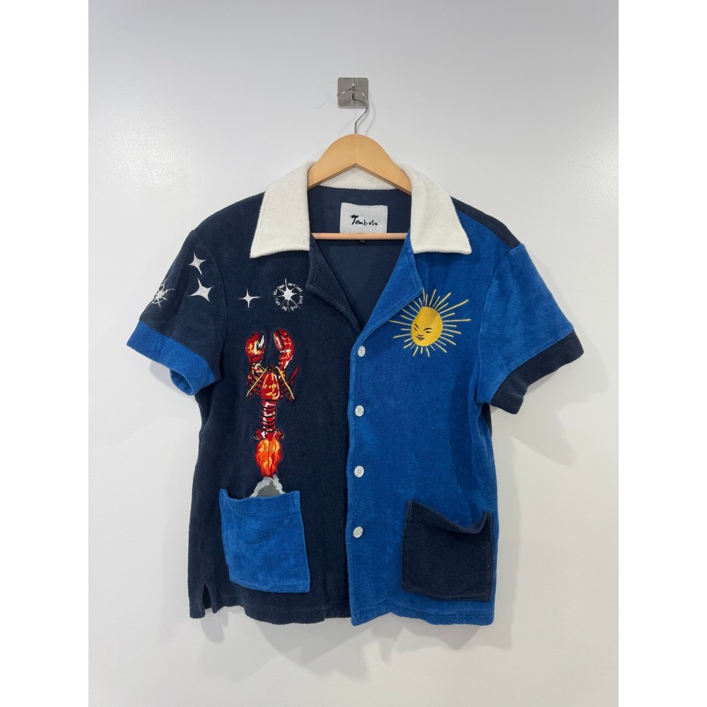 Tombolo Men Blue Terry Cloth Lobster Sun Embroidered Cabana Shirt XS